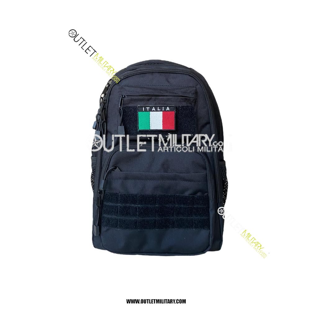 zaino tattico xsmall con molle 25 litri nero + patch velcro bandiera italia